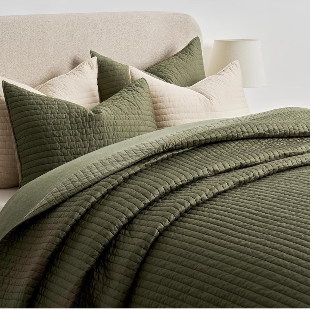🆕 PB Style Quilt Set Olive Green Sateen Cotton Channel Queen 3 Piece Bedding NEW - Picture 10 of 10